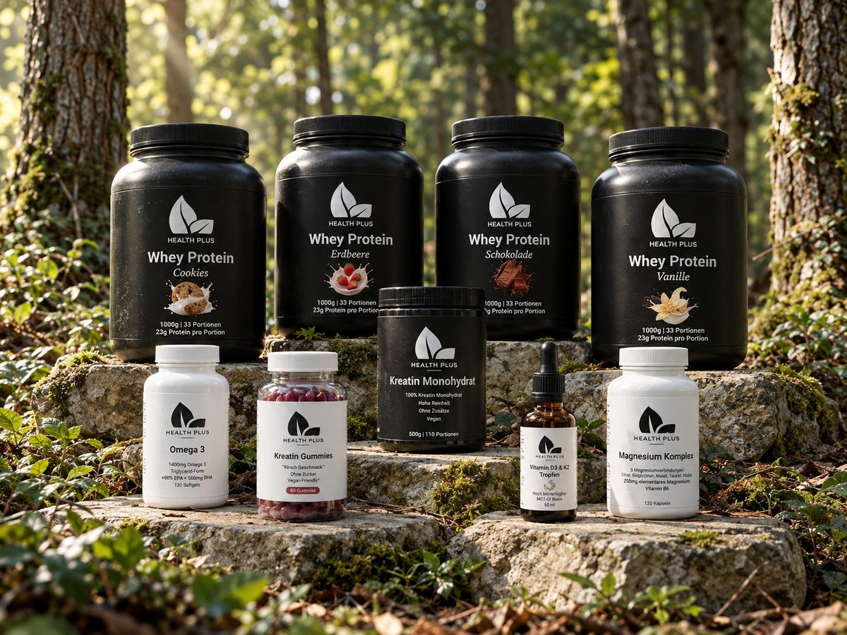 Sortiment von Health Plus: Whey Protein in vier Sorten, Kreatin, Kreatin Gummies, Omega 3, Vitamin D3 und K2 Tropfen, Magnesium Komplex